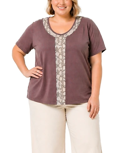 Coin 1804 Plus Python Mesh Inset V-Neck Top