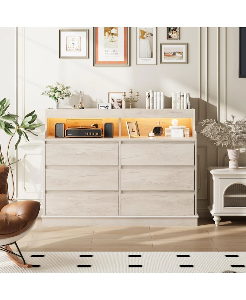 homfan Modern 6-Drawer Dresser and 51" Tv Stand - Led Lighting, Built-in Power Outlet, Spacious Storage Cabinet with Open Shelves