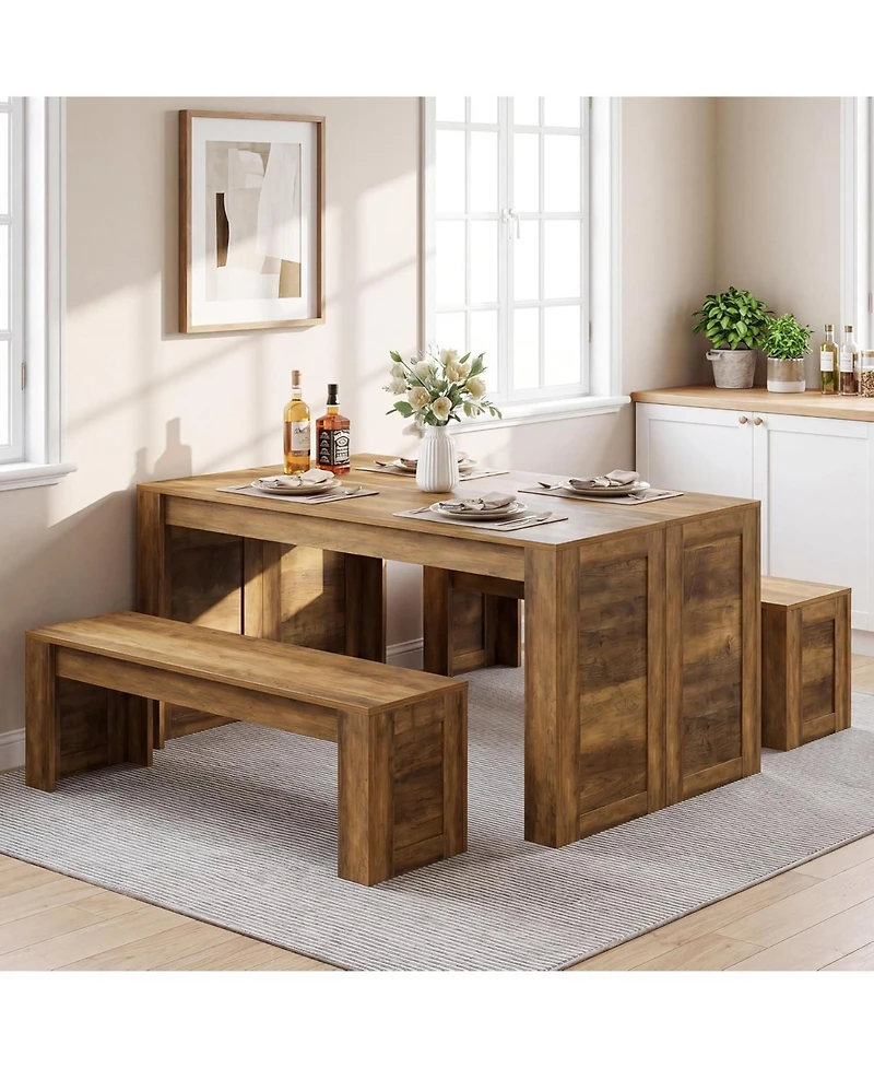 Tribesigns Farmhouse Dining Table Set for 4-6, Wooden Kitchen Table with 2 Benches