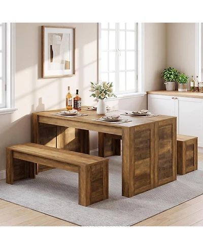 Tribesigns Farmhouse Dining Table Set for 4-6, Wooden Kitchen Table with 2 Benches