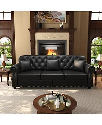 Streamdale Furniture Faux Leather Chesterfield Sofa with Nailhead Trim and 2 Pillows