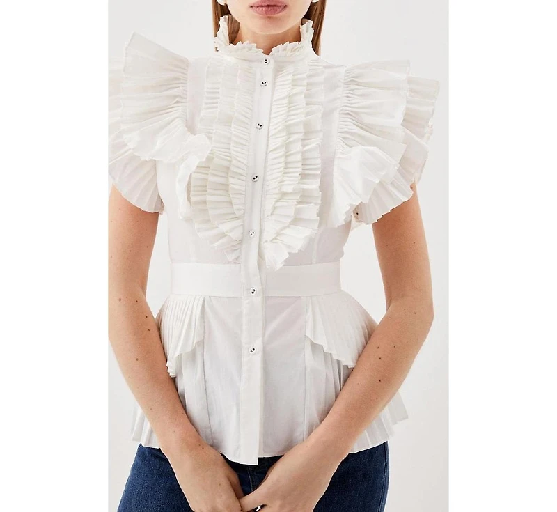 Karen Millen Women's Sleeveless Pleated Ruffle Blouse