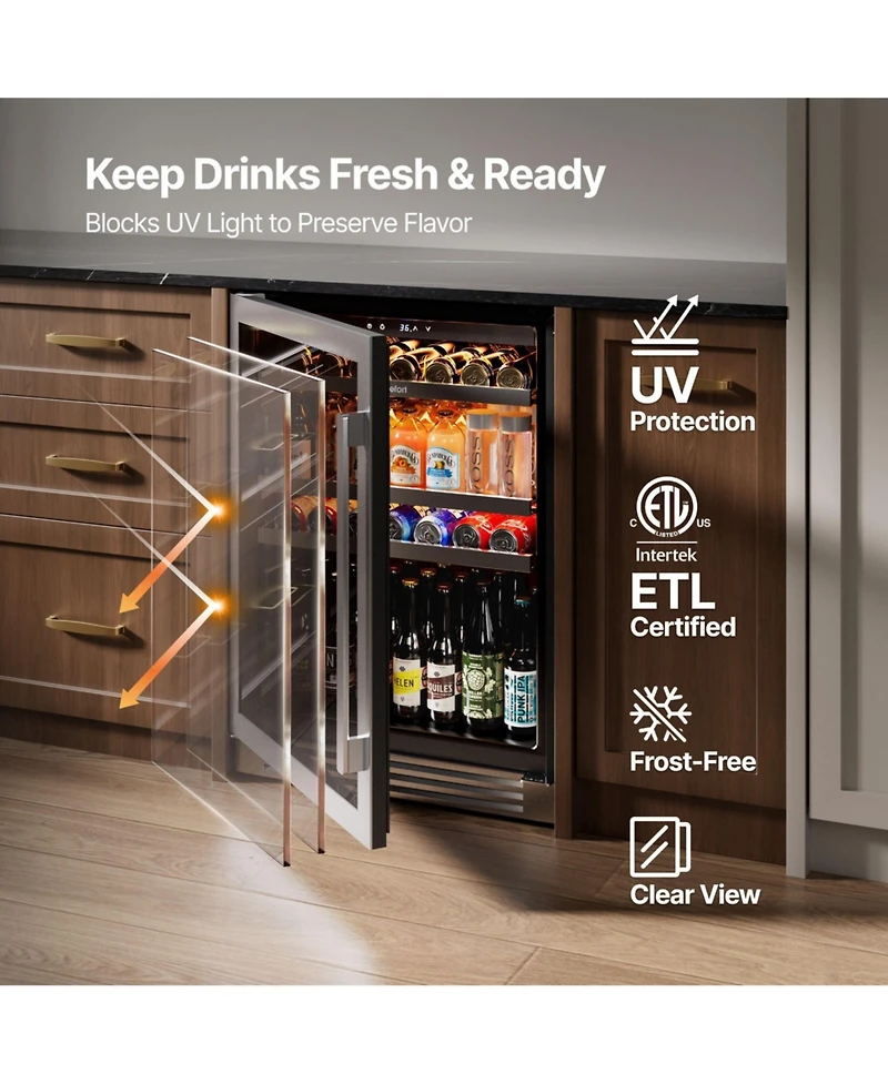 Ca'Lefort 24 inch Beverage Refrigerator cooler, 180 Cans, 34degree(s)F-54degree(s)F, Glass Door, 3LED, Built-In/Freestanding, 5.65 cu. ft.