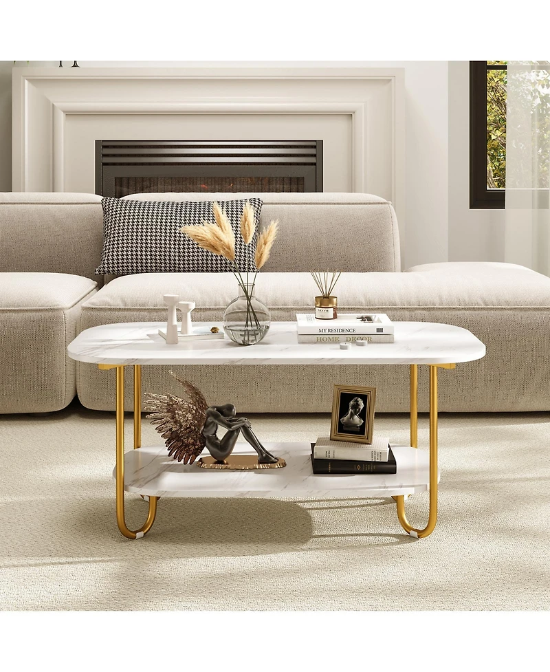 Gymax Faux Marble Top Coffee Table w/Metal Frame Rounded Corners and Storage Shelf