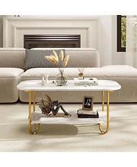 Gymax Faux Marble Top Coffee Table w/Metal Frame Rounded Corners and Storage Shelf