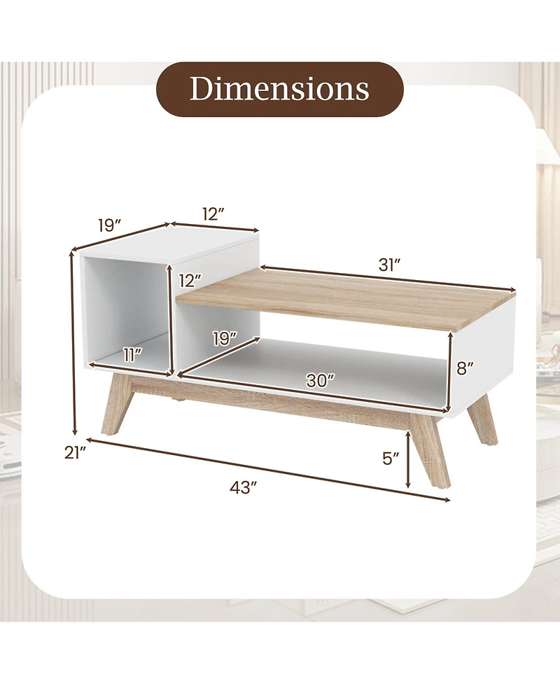 Gymax Coffee Table 43'' Center Table w/ Stepped Tabletop and Storage Compartments