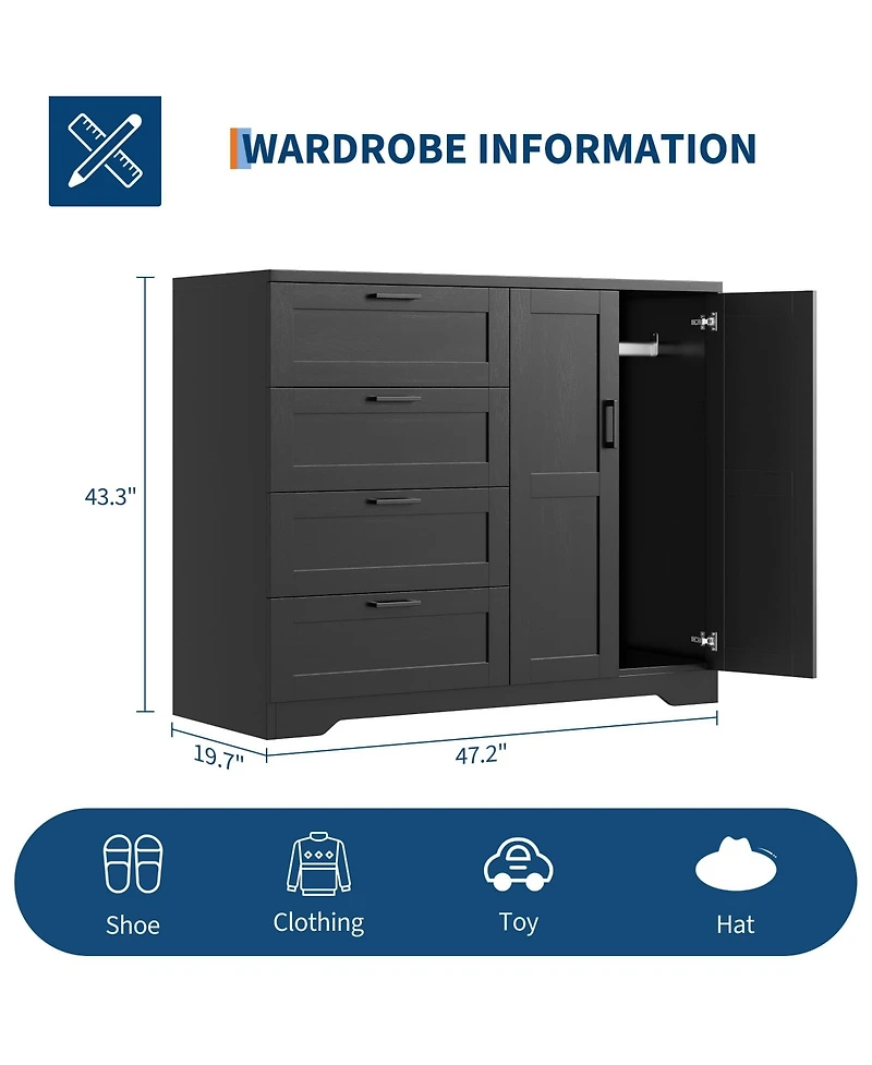 homfan Multifunctional Wooden Dresser for Bedroom, 43.3'' H 2 Door Wardrobe Armoire Closet with 4 Drawers and Hanging Rod, Storage Cabinet