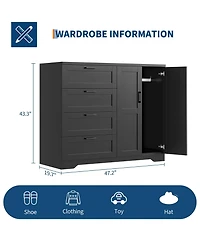 homfan Multifunctional Wooden Dresser for Bedroom, 43.3'' H 2 Door Wardrobe Armoire Closet with 4 Drawers and Hanging Rod, Storage Cabinet