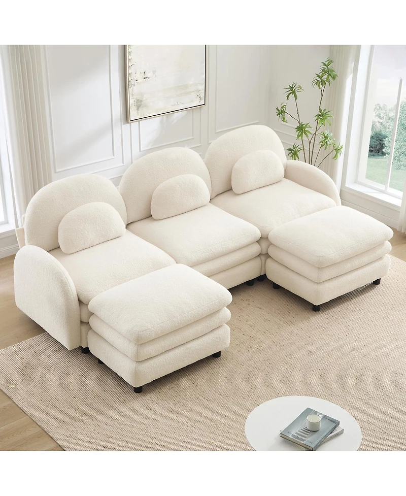 Streamdale Furniture Teddy Fabric 3-Seat Modular Sofa with 2 Ottomans and Lumbar Pillows