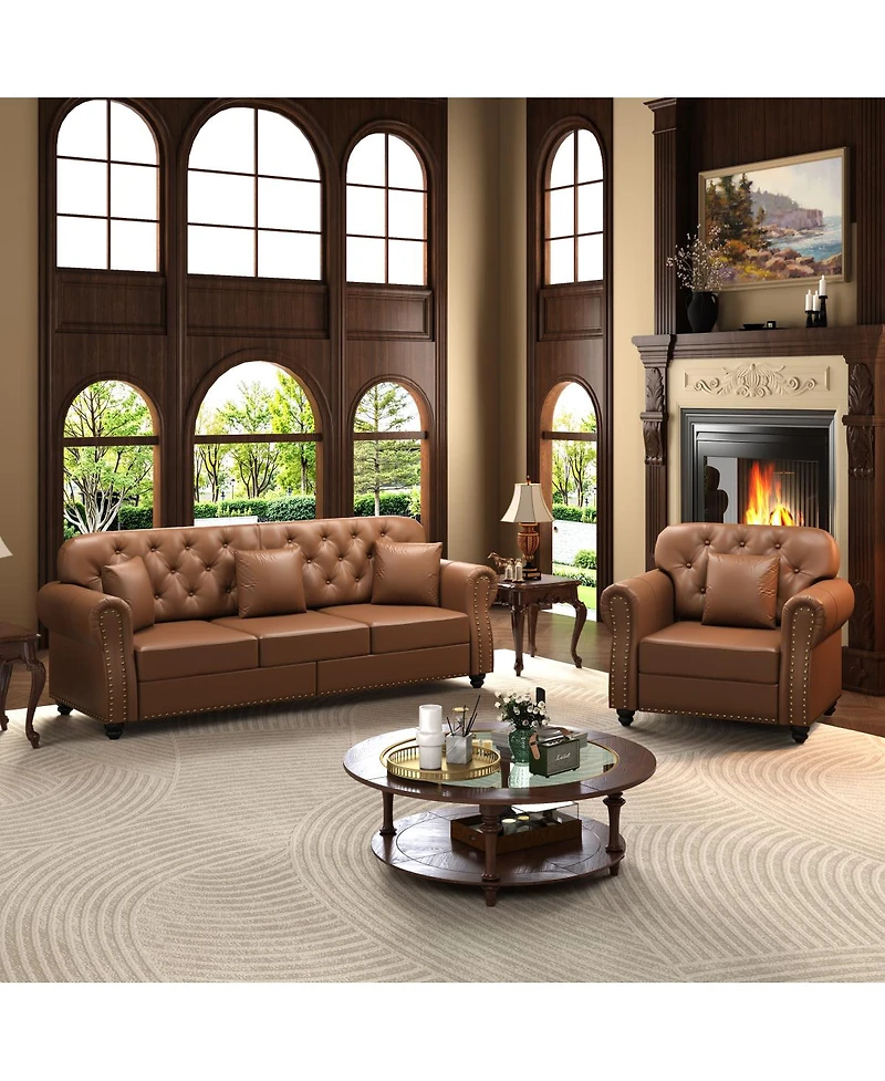 Streamdale Furniture Mid-Century Modern Faux Leather Chesterfield Sofa with Nailhead Trim