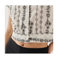 Reistor Women's Floral Embroidered Oversized Cropped Shirt