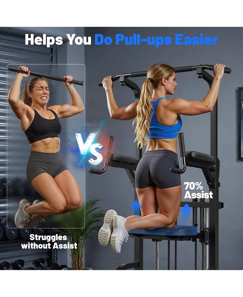 Fed Fitness 440LBS Assisted Pull Up Power Tower, Adjustable Resistance Dip Station with 2-in-1 Backrest, Multi-Function Strength Training Equipment