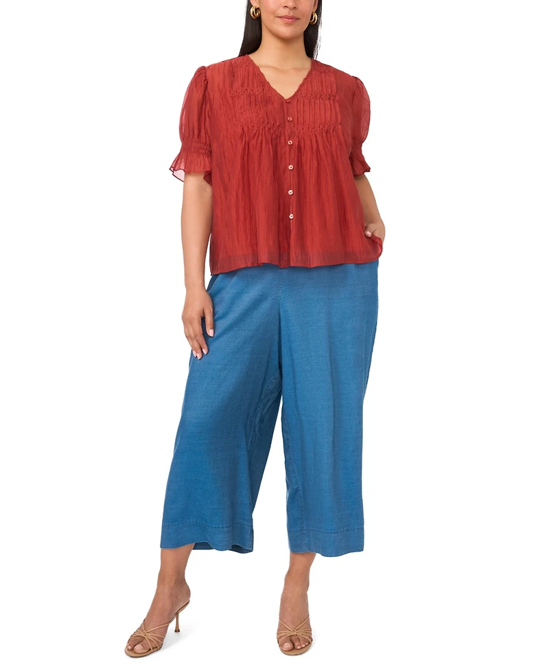 Vince Camuto Plus V-Neck Puff-Sleeve Pintuck Top