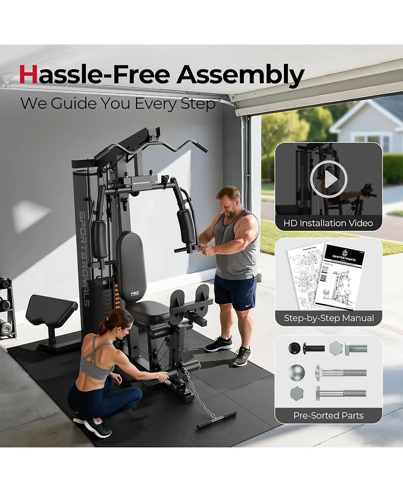 Fed Fitness Home Gym Station with Mesh Cover, 150LBS Weight Stack Multifunctional Workout Equipment Leg Press for Full Body Strength Training