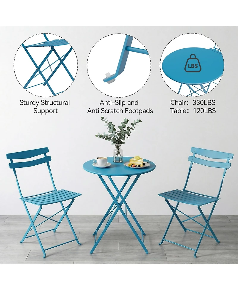 homfan 3 Piece Patio Bistro Set, Folding Table and Chairs, Outdoor Furniture Metal Structure, No Assembly Need