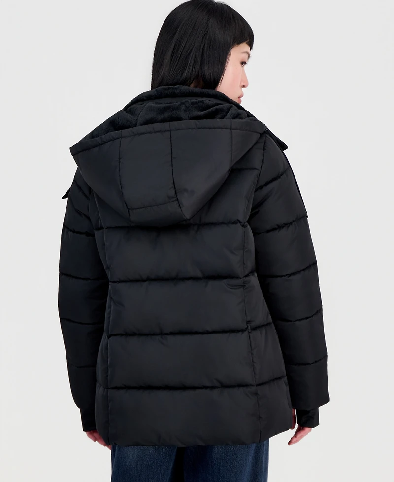 Steve Madden Women's Short Puffer Faux-Fur-Lined Hood Coat