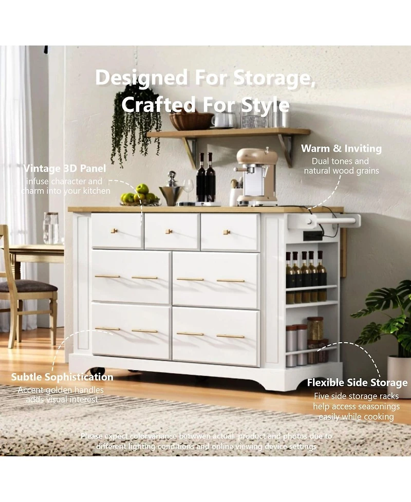 Streamdale Furniture Rolling Kitchen Island with Drop Leaf, 6 Drawers, Trash Storage and Power Outlet