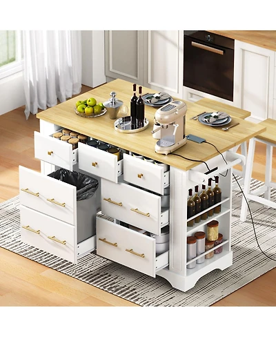 Streamdale Furniture Rolling Kitchen Island with Drop Leaf, 6 Drawers, Trash Storage and Power Outlet