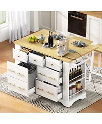 Streamdale Furniture Rolling Kitchen Island with Drop Leaf, 6 Drawers, Trash Storage and Power Outlet