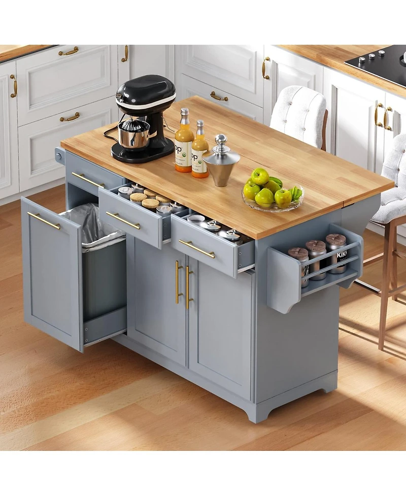 Streamdale Furniture 59.3 inch Rolling Kitchen Island with Drop Leaf, Trash Storage and Power Outlet
