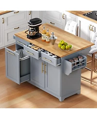 Streamdale Furniture 59.3 inch Rolling Kitchen Island with Drop Leaf, Trash Storage and Power Outlet