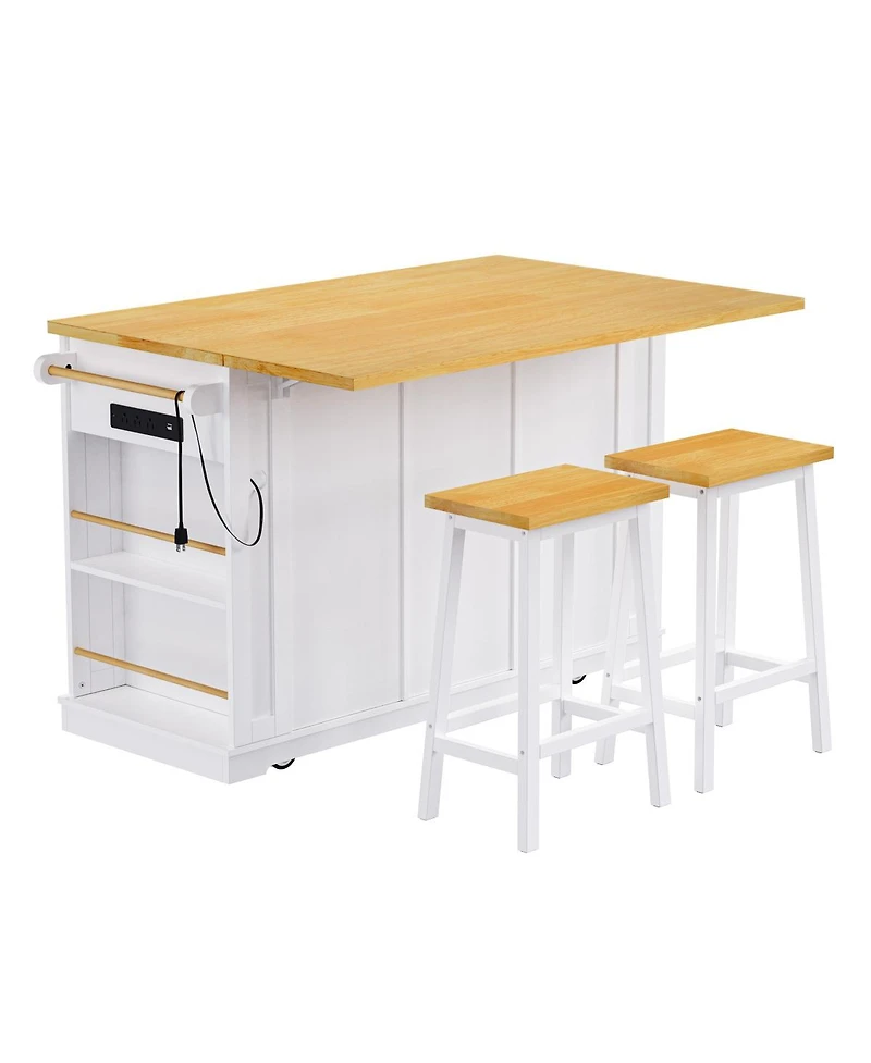 Streamdale Furniture 53 inch Large Kitchen Island with 2 Stools, Power Outlet and Storage