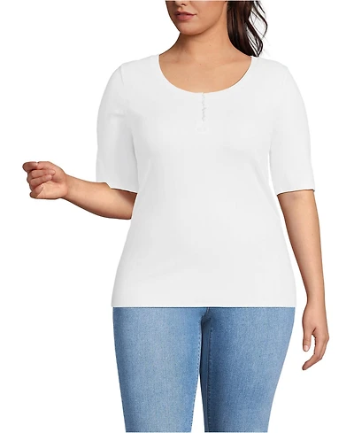 Lands' End Plus Elbow Sleeve Variegated Micro Rib Scoop Neck Henley