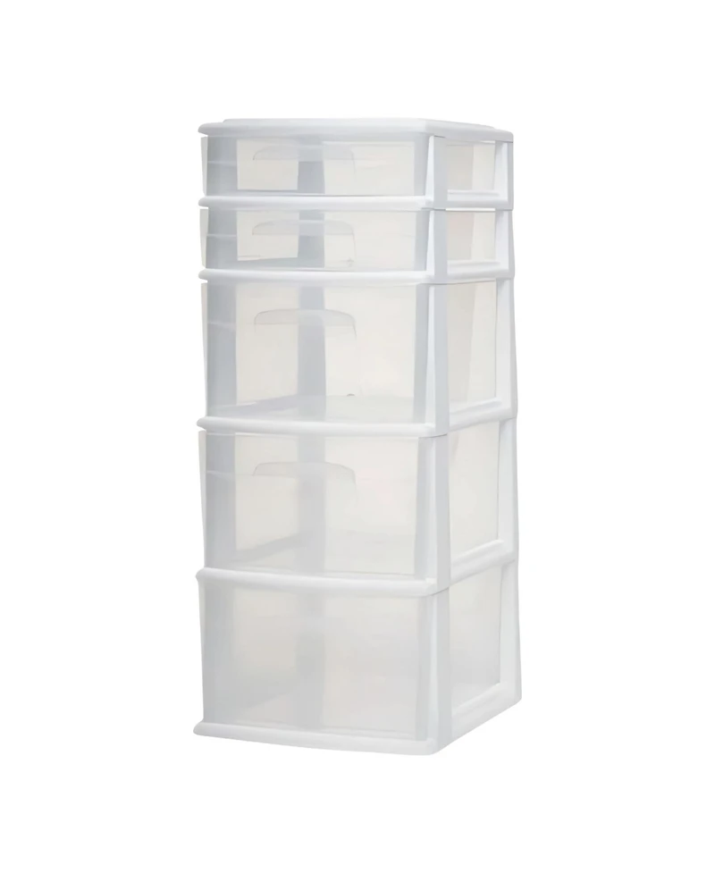 Homz Plastic 5 Drawer Medium Home Storage Cart, White Frame with Clear Drawer