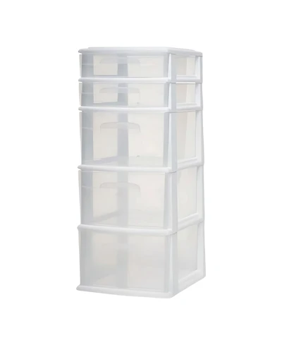 Homz Plastic 5 Drawer Medium Home Storage Cart, White Frame with Clear Drawer