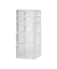 Homz Plastic 5 Drawer Medium Home Storage Cart, White Frame with Clear Drawer