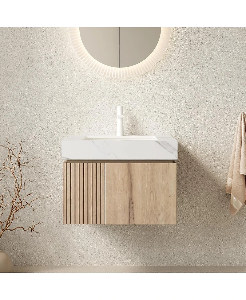 Sillysis Inch Wall Mounted Bathroom Vanity with Carrara Sintered Stone Top, Undermount Ceramic Sink, Soft Close Storage, Pre-assembled