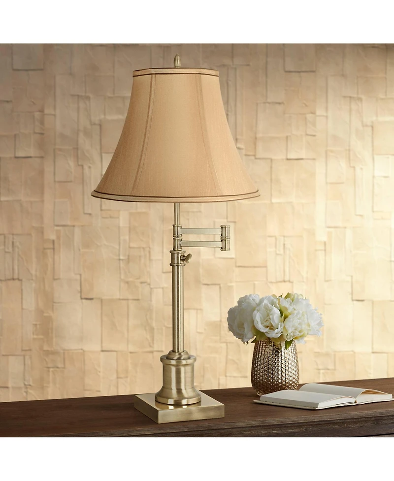 360 Lighting Traditional Swing Arm Desk Table Lamp Adjustable Height 36" Tall Antique Brass Fabric Bell Shade for Living Room Bedroom