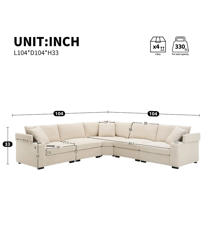 Streamdale Furniture 104" Convertible L-Shaped Corduroy Sectional with Storage and Usb Charger