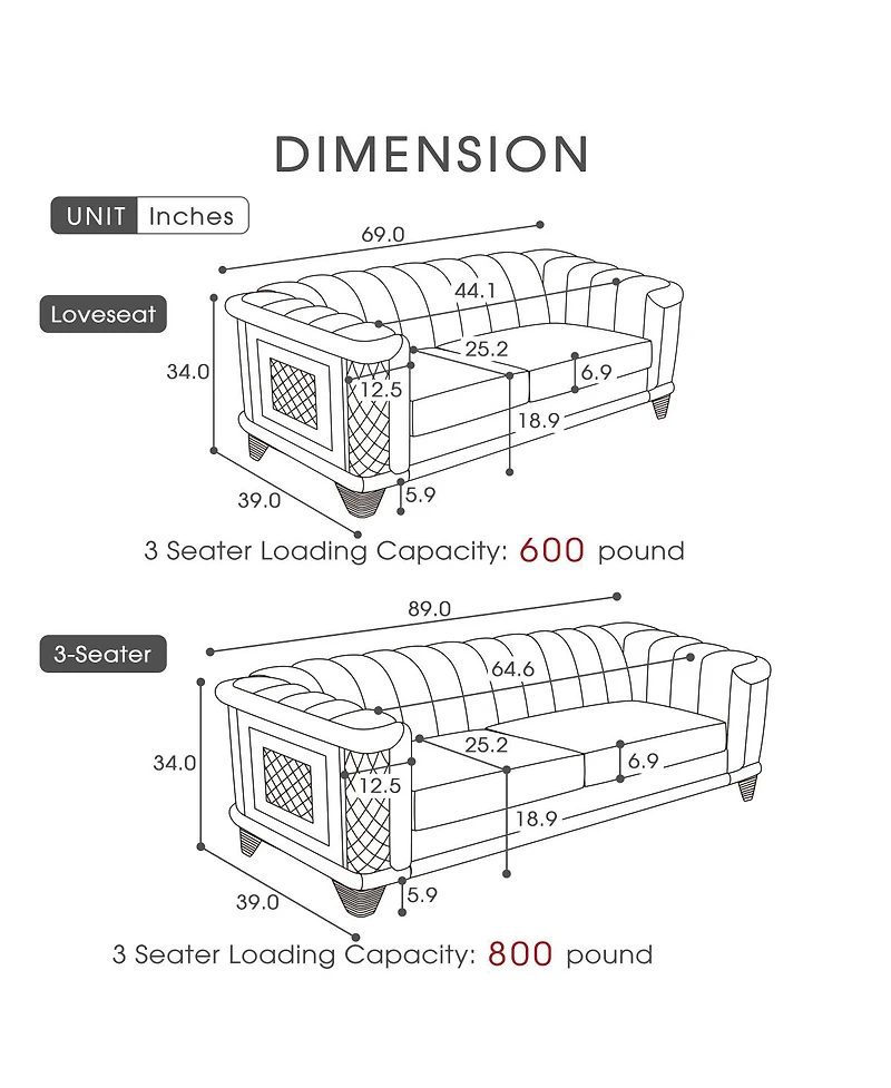 Streamdale Furniture 2 pieces Luxury Velvet Sofa Set with Gold Trim, 3-Seater and Loveseat