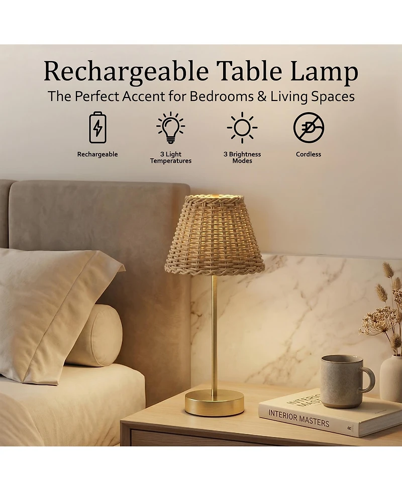 Bell + Howell Woven Shade Plain Stem Rechargeable Touch Control Led Dimmable Cordless Table Lamp