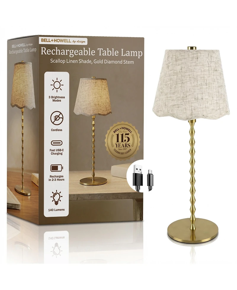 Bell + Howell Stem Scallop Shade Rechargeable Touch Control Led Dimmable Cordless Table Lamp