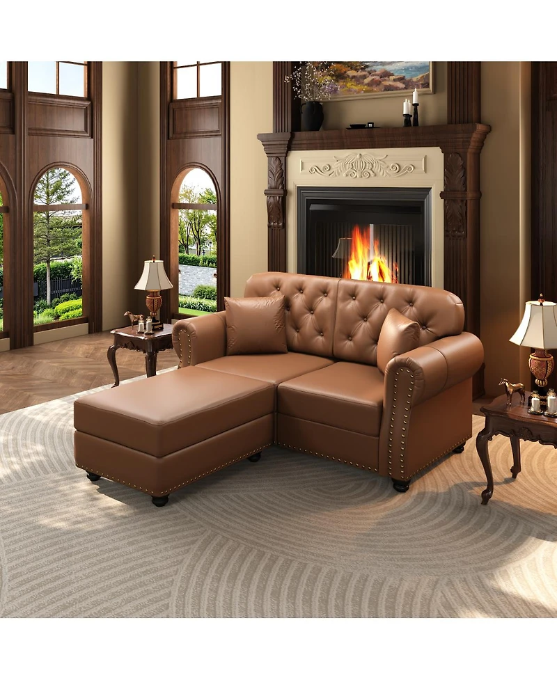Streamdale Furniture 63" Faux Leather Chesterfield Sofa with Nailhead Trim and 2 Pillows