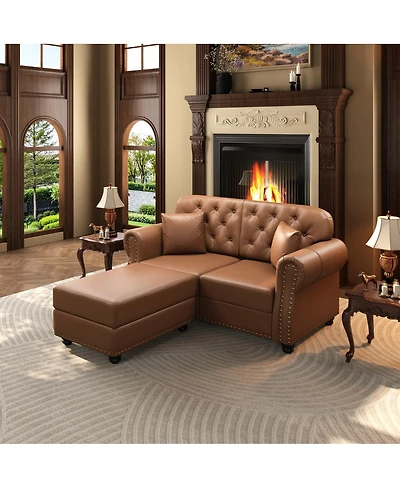 Streamdale Furniture 63" Faux Leather Chesterfield Sofa with Nailhead Trim and 2 Pillows