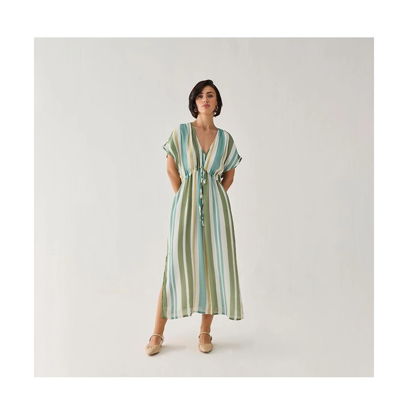 Reistor Women's Striped Drawstring Waist Maxi Dress
