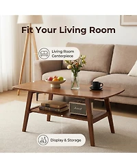 Streamdale Furniture Mid-Century Modern Solid Oak 2-Tier Coffee Table with Storage Shelf