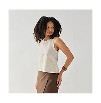 Reistor Women's Checkered Linen Embroidered Button-Back Top