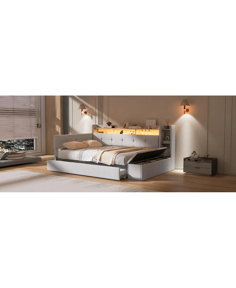 Streamdale Furniture Upholstered Daybed with Trundle, Storage, Usb, and Led Lights