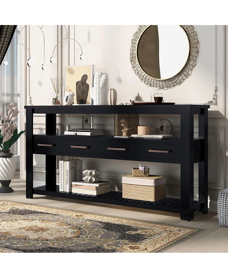 Streamdale Furniture 61.5'' Large 4-Drawer Console Table with 3-Tier Open Shelves