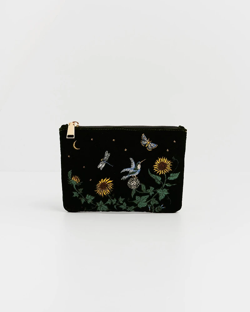 Fable England Women's Sunflower Velvet Embroidered Pouch