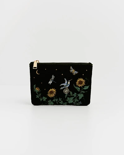 Fable England Women's Sunflower Velvet Embroidered Pouch