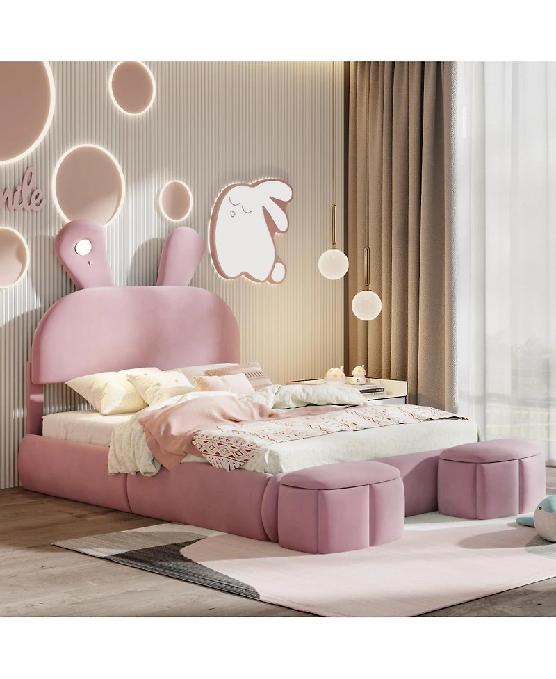 Streamdale Furniture Upholstered Platform Bed with Cartoon Ear Headboard and Light