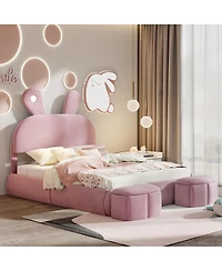 Streamdale Furniture Upholstered Platform Bed with Cartoon Ear Headboard and Light