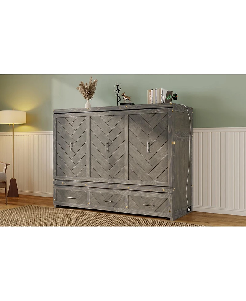 Streamdale Furniture Pine Wood Murphy Cabinet Bed with Usb Charging Station
