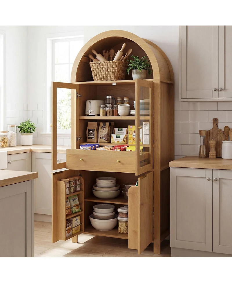 Streamdale Furniture 71" Fluted Arched Pantry Cabinet with Adjustable Shelves and Glass Door