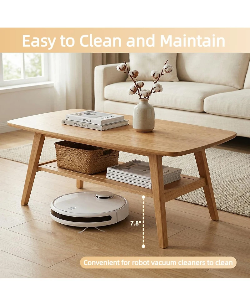 Streamdale Furniture Mid-Century Modern Solid Oak Coffee Table with Storage Shelf